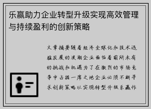 乐赢助力企业转型升级实现高效管理与持续盈利的创新策略